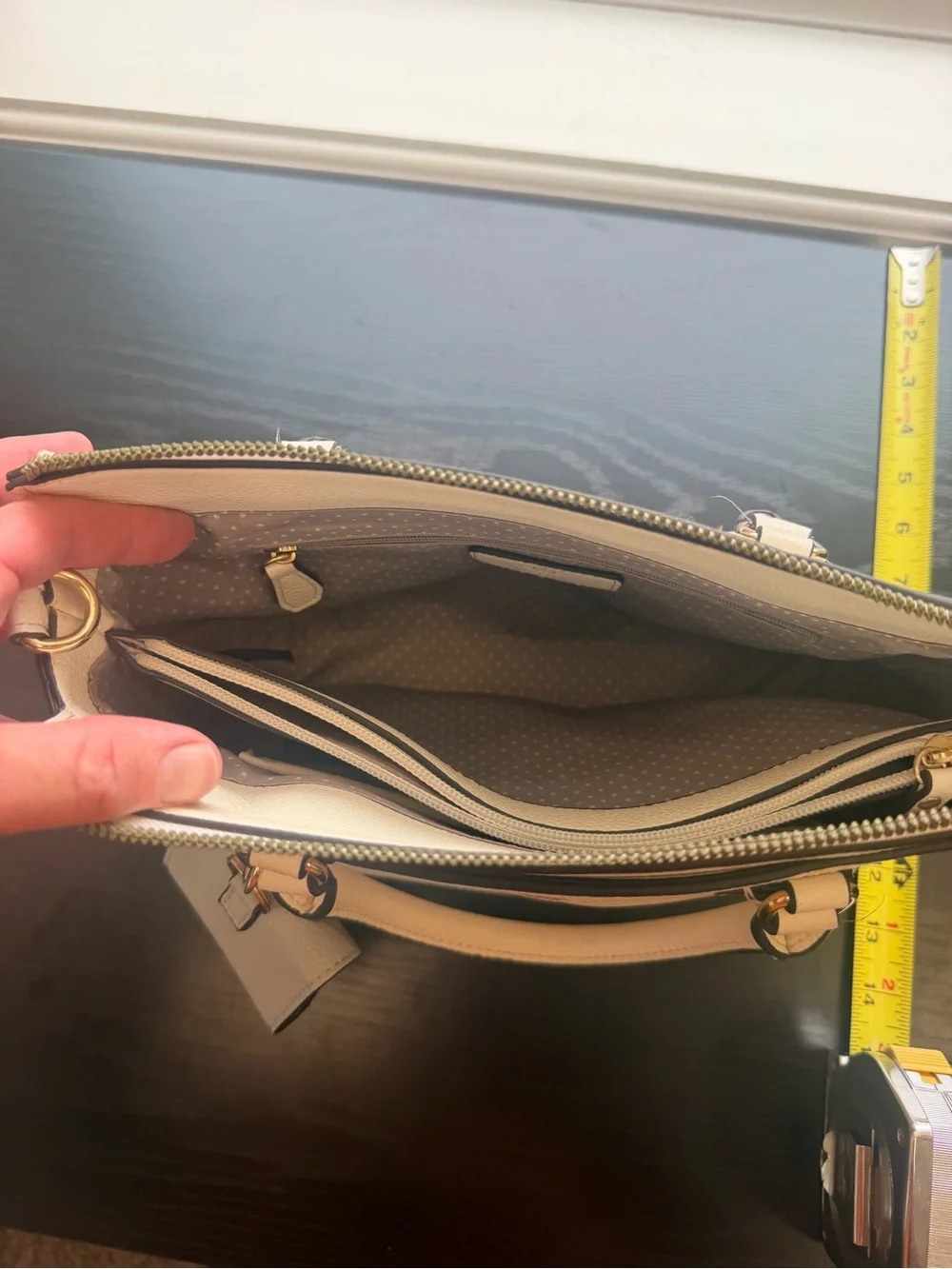 Nanette Lepore Cream Leather Double Zip Satchel with Gold Hardware